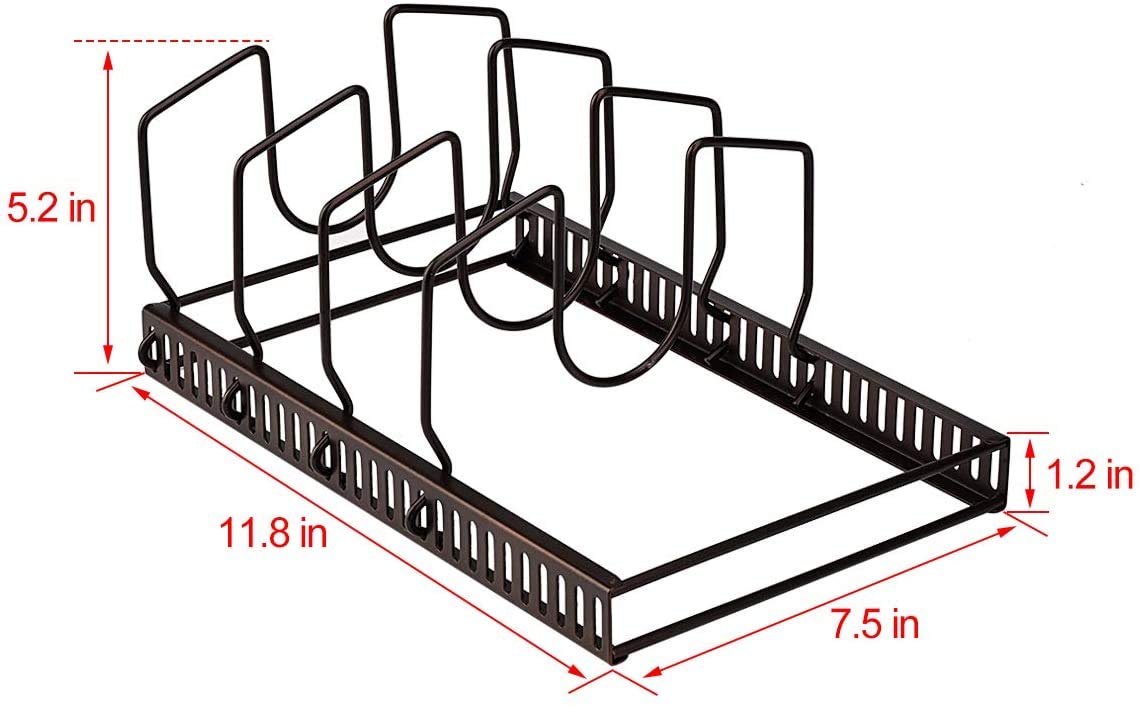 Toplife Pots and Pans Organizer Rack for Cabinet and Countertop, 10+ Pot Lids, Bakeware and Cookware Organizer Rack Holder with 10 Adjustable Compartments - Brown