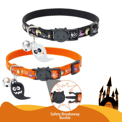 EXPAWLORER Halloween Cat Collar Breakaway - Glow in The Dark Holiday Pet Puppy Collar with Bell and Cute Ghost Pendant, Ideal Gift Adjustable Safety Collars for Cats, 2 Pack