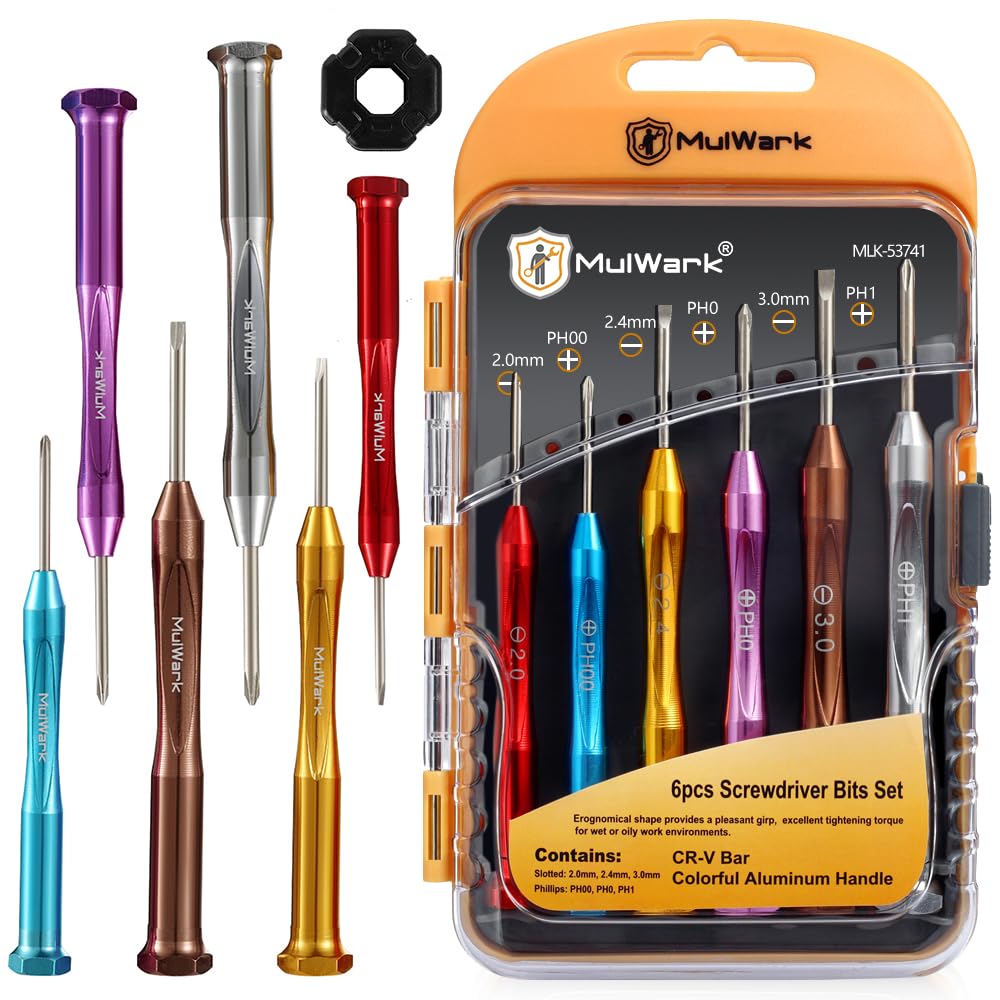 MulWark 6pc Magnetic Micro Precision Screwdriver Set - Mini Flat & Phillips Heads for Glasses, Watch, iPhone & Electronics Repair (CR-V Steel)