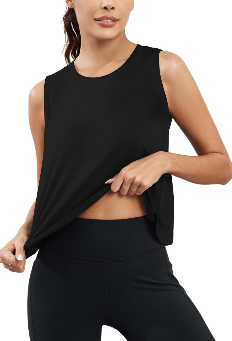 KevaMolly Black Workout Tank Tops for Women Flowy Cropped Shirts UPF50+ Breathable Crew Neck Athletic Yoga Running Crop Tops S