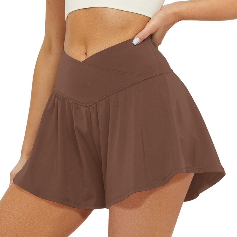FireSwan Crossover Athletic Shorts for Women 2 in 1 Flowy Running Shorts with Pockets Spandex Butterfly Workout Tennis Skorts Brown