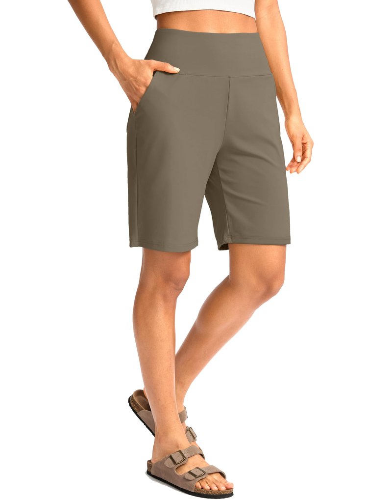 G Gradual Women's Bermuda Long Shorts with Pockets 9" High Waisted Knee Length Shorts for Women Walking Athletic Workout(Dark Khaki,S)
