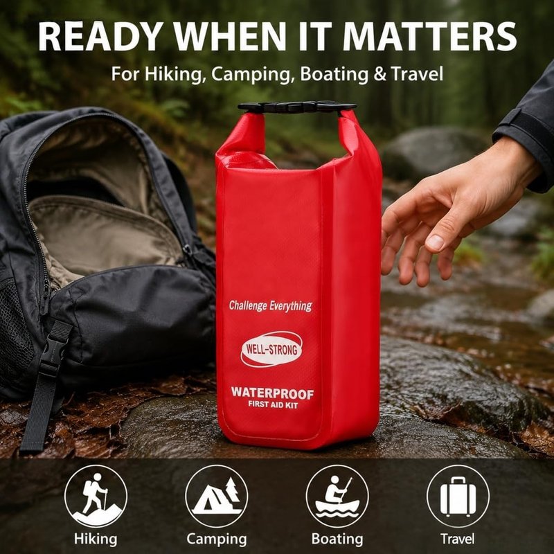 WELL-STRONG Waterproof First Aid Kit Roll Top Boat Emergency Kit with Waterproof Contents for Fishing Kayaking Boating Swimming Camping Rafting Beach Red