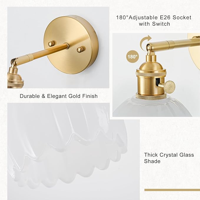Hardwired Wall Sconce Light, Vintage Wall Sconce with Switch, Gold Wall Light Fixture with Tulip Milk White Glass Lampshade, Indoor Wall Light for Bedroom Bathroom, Bedside Wall Lamp