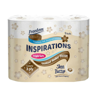 Freedom Inspirations Luxury 3Ply Toilet Roll - 45 Quilted Shea Butter Triple Soft and Scented Hygiene Bulk White Toilet Tissue and Loo Rolls