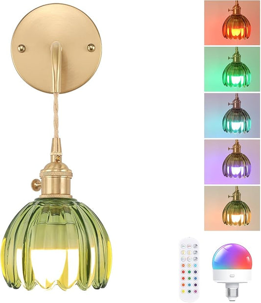 Battery Operated Wall Sconce with Green Tulip Shade Pattern Glass Adjustable Chain Retro Gold Wall Mounted Light, Modern Wall Lamp Fixtures Decor for Bedside Bedroom Indoor Doorway