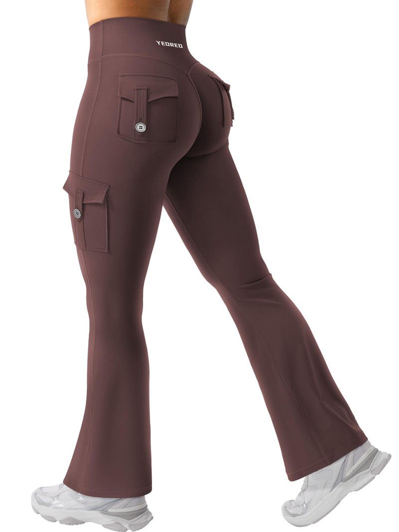 YEOREO CoreFlex Women Workout Flare Leggings with Pockets Scrunch Cargo Gym Yoga Leggings Brown XXL
