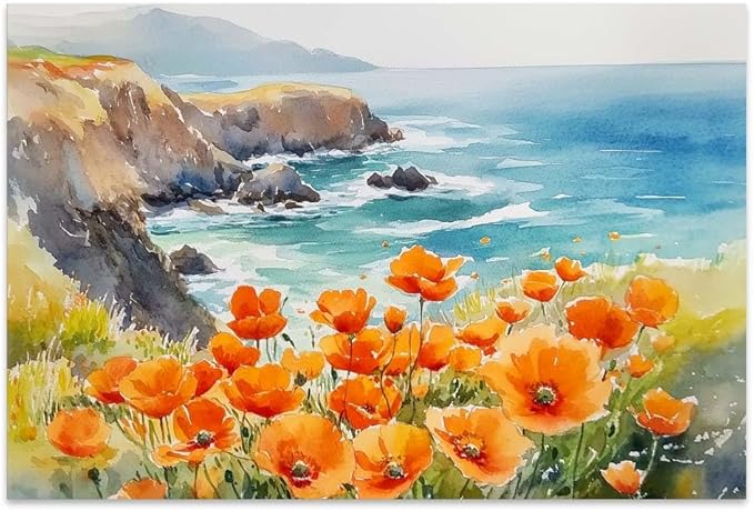 Yesad Poppies Canvas Wall Art, Coastal Flower Pictures, Farmhouse Wall Decor for Living Room & Bedroom (Unframed, 18'x12', Poppy2)