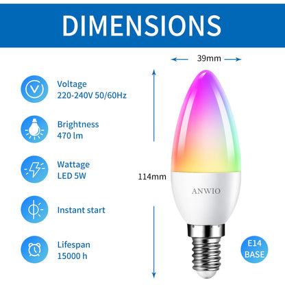 ANWIO Smart Bulb E14,Smart Candle Bulb,470Lm,E14 Alexa Smart Light Bulb,5W Replace 40 Watt Alexa Candle Light Bulb,Light Changing Bulbs,Google Assistant, Remote Control Bulbs (6 Pack)