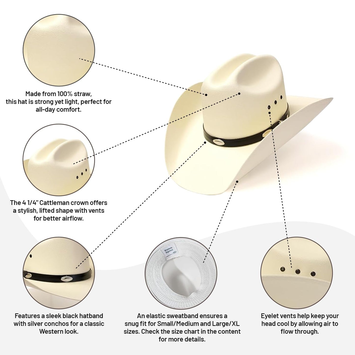 Western Express Natural Straw Cowboy Hat for Men and Women - Cattleman Style with Black Hat Band and Silver Conchos