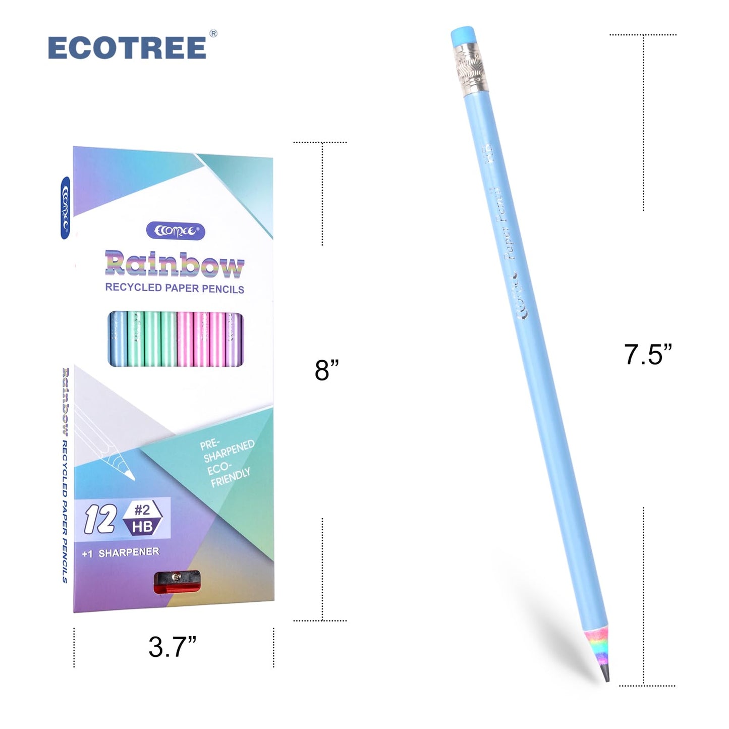 ECOTREE Pre-Sharpened Pencils #2 Cute Number 2 Pencil with Erasers for Kids Eco Rainbow Paper Pencil for School, Writing, 12 Count