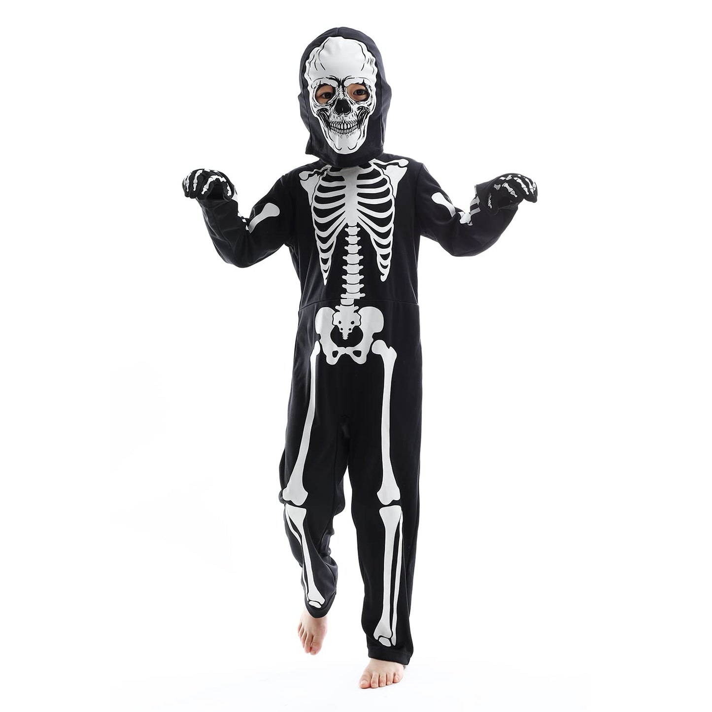 Sincere Party Glow In the Dark Skeleton White Bones Skeleton Costume with Gloves&Hood for Kids 5-7years