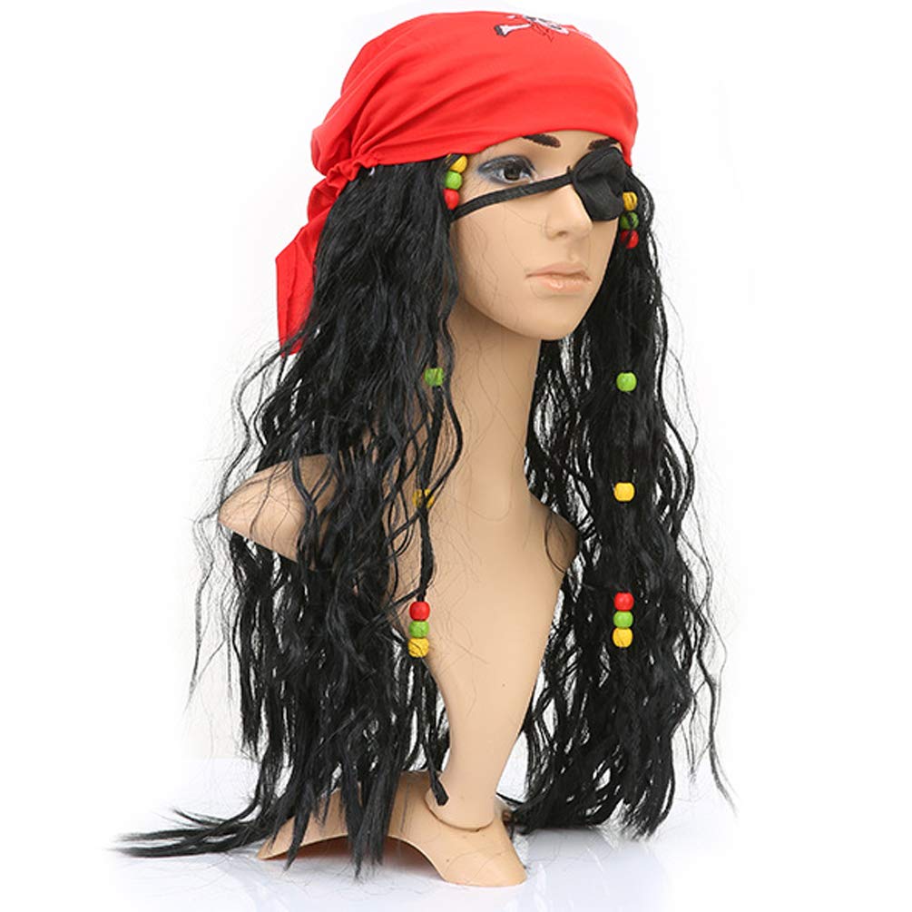 Pirate Wig for Women Men, Pirate Costume Women Men Halloween, Black Hair Wigs with Accessories, Headband Bandana Head Scarf Set, Adult Captain Hat Eye Patch