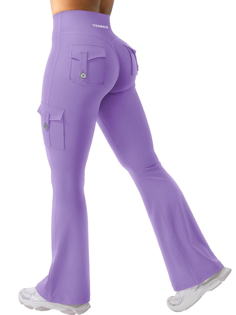 YEOREO CoreFlex Women Workout Flare Leggings with Pockets Hidden Scrunch High Waisted Cargo Gym Yoga No Front Seam Leggings Purple XL