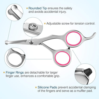 Pawaboo Dog Grooming Scissors Set, 5 Pieces Professional Dog Salon Scissors, Combing Fur Scissors with Round Safety Tip for Pets, Dogs, Cats, Thinning Scissors, Hair Care, Grooming Cutting - Pink
