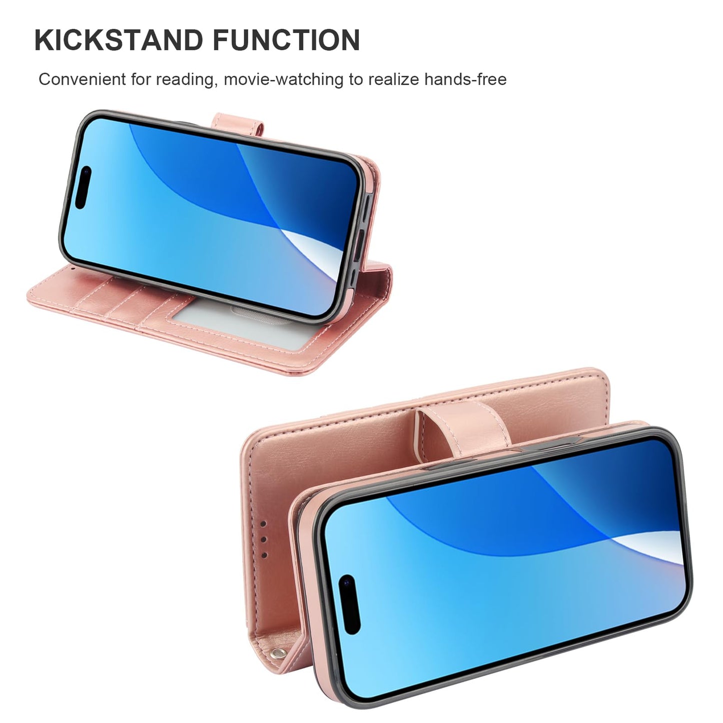 Bocasal for iPhone 16 Pro Wallet Case Compatible with MagSafe Wireless Charging, RFID Blocking Magnetic Leather Case with Card Slots Holder Kickstand Detachable Wrist Strap 6.3 Inch (Rose Gold)