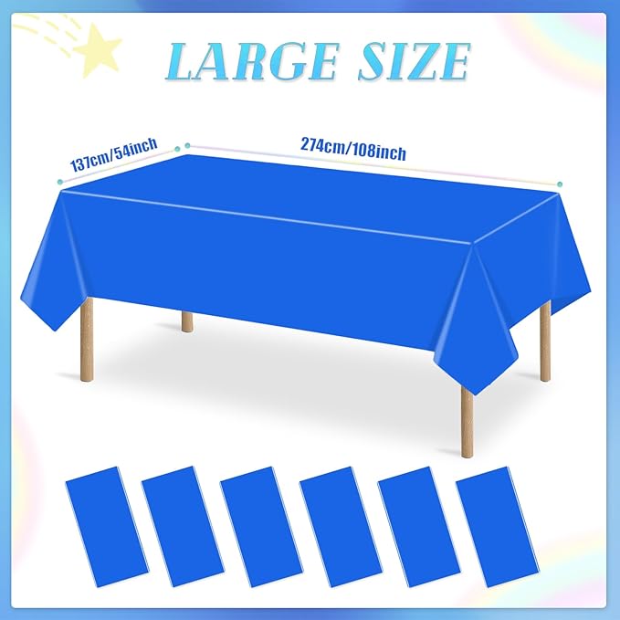 6 Packs Royal Blue Disposable Tablecloth Plastic Waterproof Tablecloths 54 x 108 Inch Rectangle Table Cover for Birthday Parties,Anniversary,Graduation Party,Camping,Outdoor Picnic