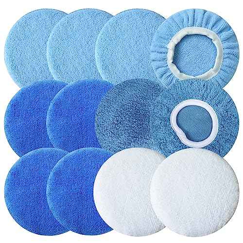Boltigen 12pcs 5-6 inch Polishing Pad Bonnets 12Pack 4 Color 5 to 6'' Orbital Polishing Pad Microfiber Coral Fleece Bonnet Car Buffer Polisher Waxing Covers for Automobile Glass Cleaning and Polish