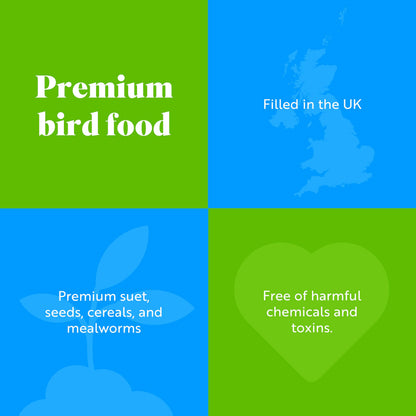Coconut Bird Feeder Halves, Wild Bird Food for Small Birds with Suet, Dried Mealworms, Seeds, and Cereals, High Energy Food, Filled in the UK, Suitable for Year-Round Feeding - RSPB x 10 (320g)