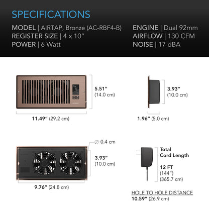 AC Infinity AIRTAP T4 Bronze, Register Booster Fan for 4” x 10” Register Holes, Improves Heating & Cooling Vents, Quiet 10-Speeds, Bluetooth App Control Data Alerts. ONLY FITS 4” x 10” Duct Openings