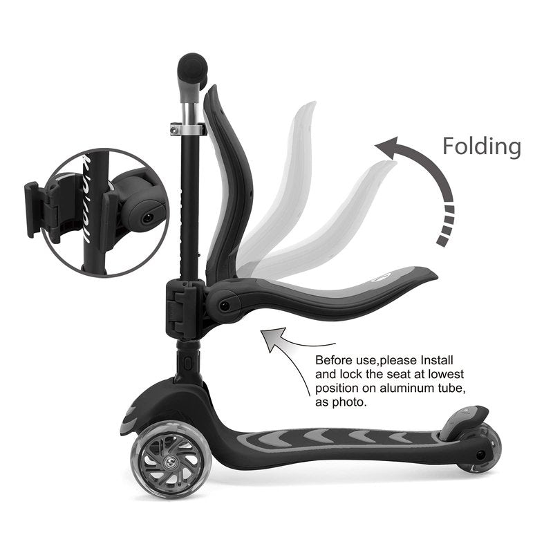 Kicknroll Kids Kick Scooter 2-in-1 Light Up 3 Wheel Scooters with 4 Levels Adjustable Handlebar, Folding Seat, Extra Wide No-Slip Deck for Girls Boys Ages 3-8 Years Old Max 110 Lbs