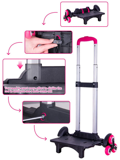 Backpack Trolley - Wheeled Trolley Hand Aluminium Alloy Folding Trolley Cart for Backpack (Pink, 2 Wheels)