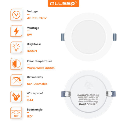 ALUSSO LED Downlights for Ceiling 6W Ultra Slim LED Recessed Ceiling Spot Lights 3000K Warm White IP44 Waterproof Spotlights Ceiling Lights for Bathroom Kitchen Living Room, 6 Pack
