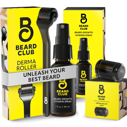 Beard Club Premium Derma Roller & Beard Growth Oil - Microneedling Roller with 540 Titanium Microneedles for Face, Body and Scalp - Beard Roller with Sandalwood & Cedar Beard Oil