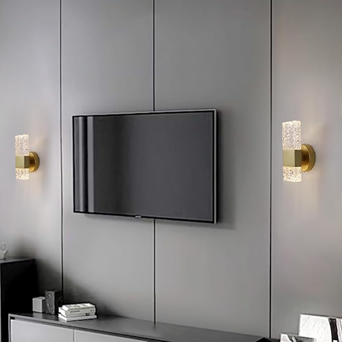 HuisMier Gold Wall Sconces, Hardwired Indoor Wall Light Fixtures with Remote, 3000K-6000K Dimmable LED Crystal Wall Lamp for Bedroom Living Room Bathroom Stairway Hallway
