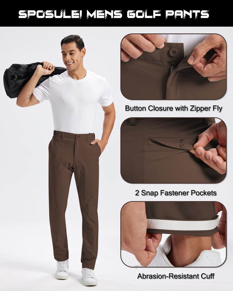 SPOSULEI Men's Golf Pants Lightweight Quick Dry Dress Business Pants with 4 Pockets Stretch Chino Slacks Pants Brown 32Wx32L