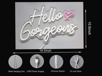 Hello Gorgeous Neon Sign Hello Beautiful Pink LED Neon Lights for Home Wedding Birthday Backdrop Bacelorette Party Wth Dimmable Switch(5V,16.5X10.6inches)