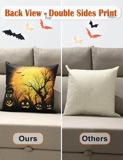 Halloween Decorations Set Of 4 Double-Sided Print Pillow Covers 18" x 18", with 8 Cute Halloween Decor Patterns, Elegant Invisible Zipper, Soft Linen Throw Pillow Covers for Outdoor & Indoor Use