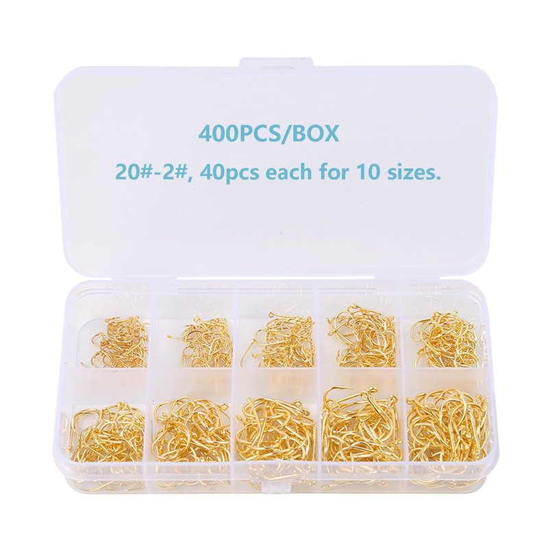 Dyxssm Small Fishing Hooks for Freshwater, 1000pcs 600pcs 400pcs Trout Fish Hook Set, 10 Sizes #2-#20 (400pcs (#2-#20), Gold)
