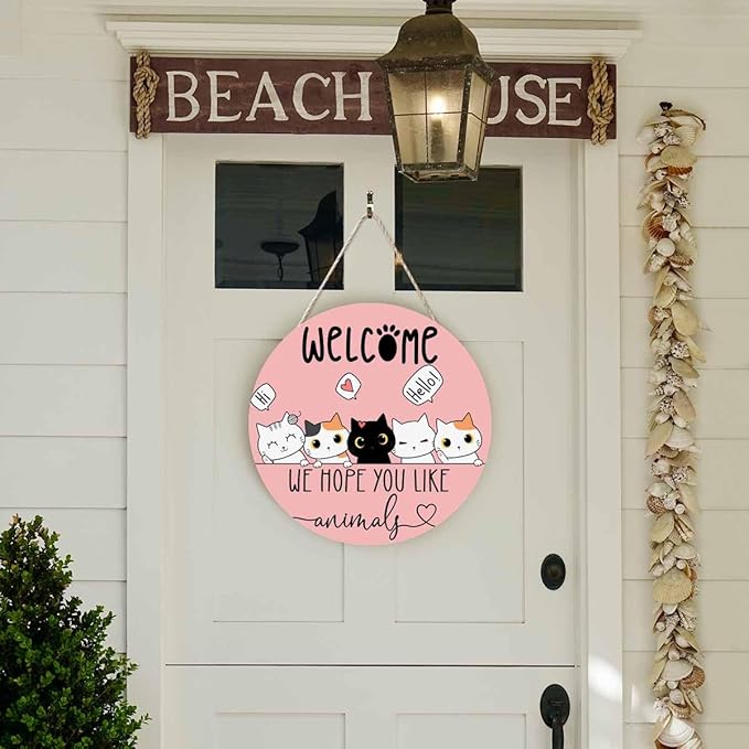 Rustic Round Sign Front Door Wreaths We Hope You Like Animals 12in Wooden Hanging Sign for Bedroom Living Room Outdoor Home Decor