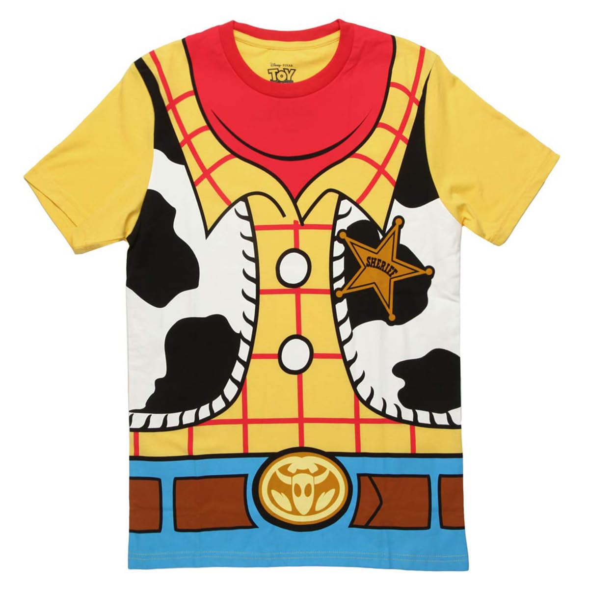 Toy Story Sheriff Woody Cowboy Costume Adult T-Shirt (SM, Yellow)
