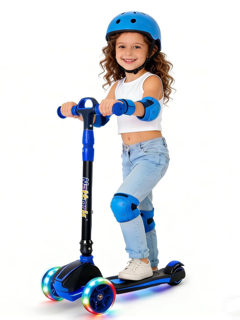 Nattork Kids Scooter for Age 3-8, Toddler Scooter with 4 Adjustable Height for Boys & Girls, Light Up 3-Wheels Foldable Kick Scooter, Lean to Steer, 120LB Weight Capacity