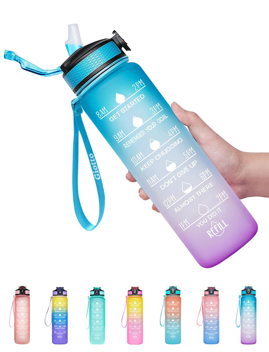 Giotto 32oz Large Leakproof BPA Free Drinking Water Bottle with Time Marker & Straw to Ensure You Drink Enough Water Throughout The Day for Fitness and Outdoor Enthusiasts-Ombre Green Purple