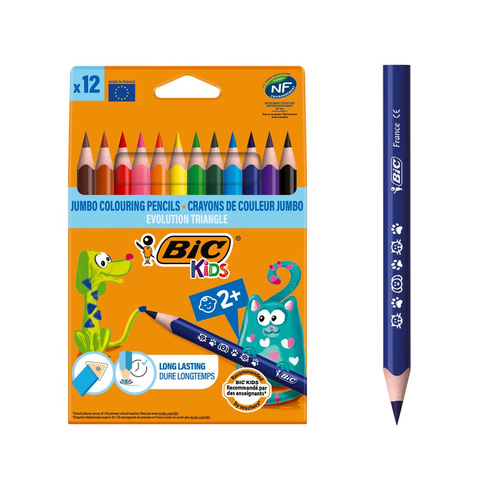 BIC 8297359 Kids Evolution Triangular Colouring Pencils - Assorted Colours, Pack of 12