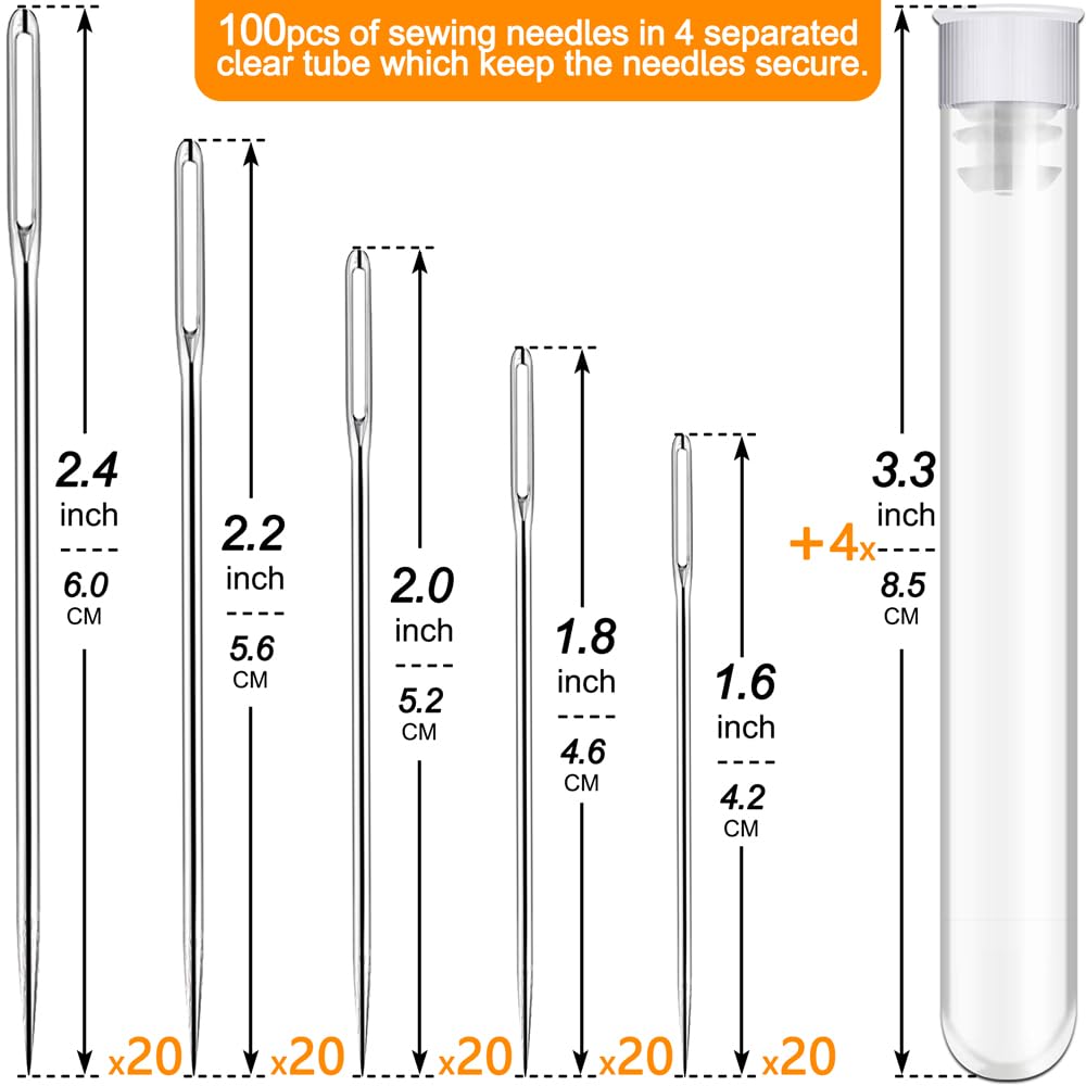 100 Pack Premium Large Eye Needles for Hand Sewing with 4 Needle Threaders, Assorted Sizes, Embroidery Needles for Hand Sewing, Sewing Needles Large Eye, Big Eye Needle