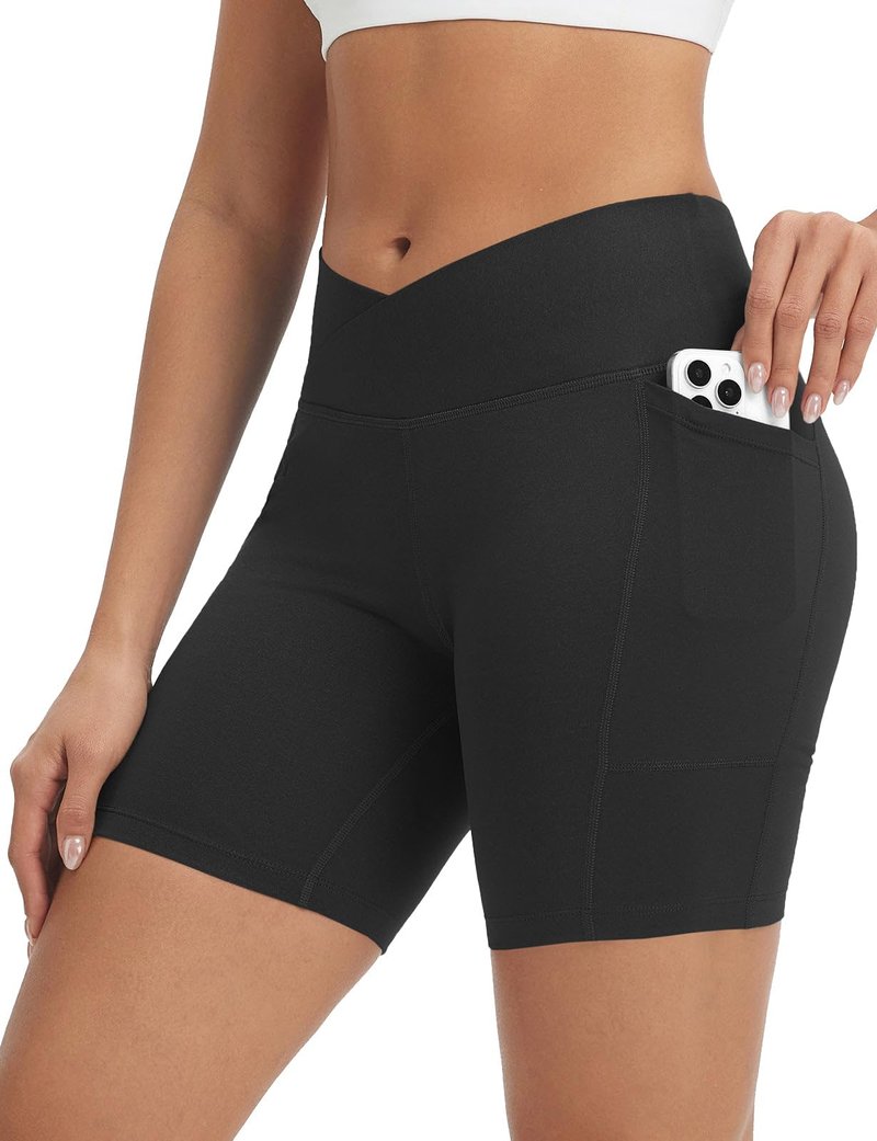 baleaf Crossover Biker Shorts Women 6" High Waisted Yoga Shorts with Pockets Bike Workout Spandex Compression Black L