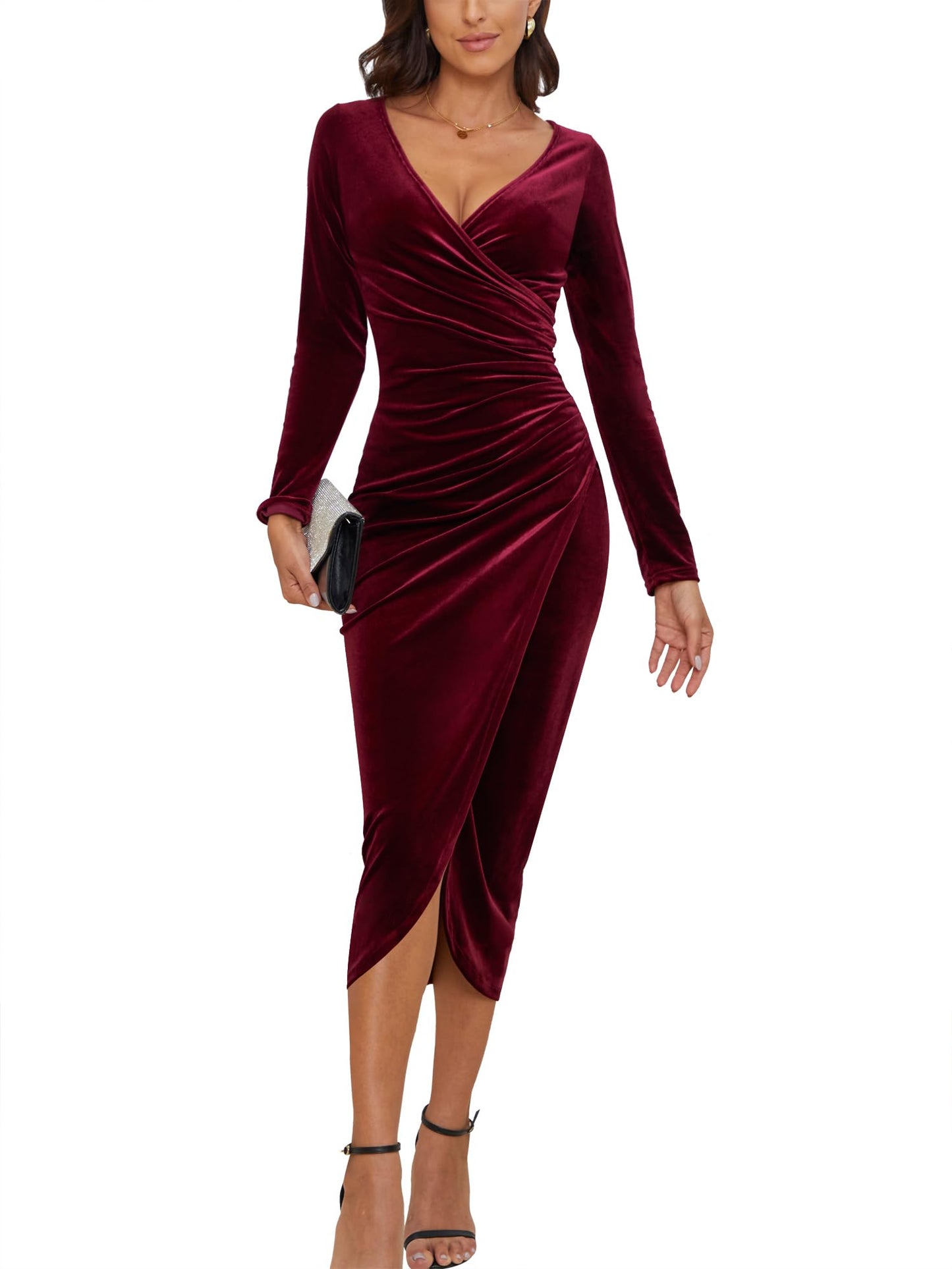 CYiNu Women's V Neck Wrap Velvet Long Sleeve Elegant Bodycon Ruched Cocktail Party Maxi Dress(Wine Red,XL)