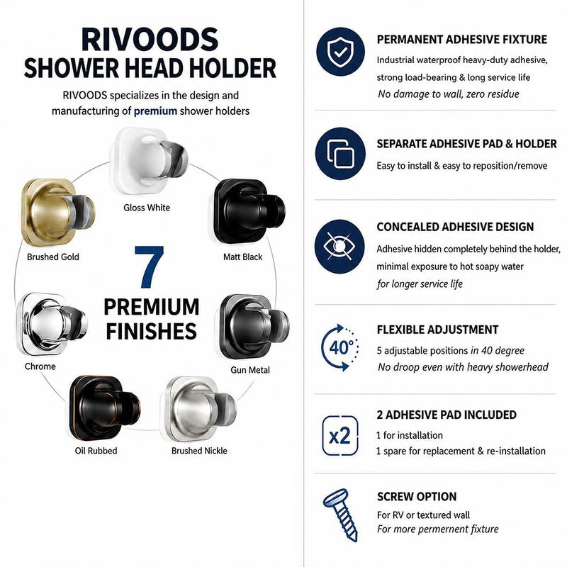 Handheld Shower Head Holder - 5 Positions Adjustable - Slide to Fit - Adhesive Mount with Screw Option, Bathroom Wall Mount Shower Hose Holder (Chrome)