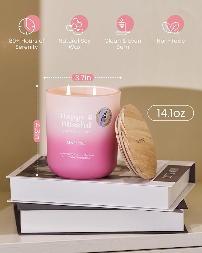 M&SENSE Lychee Cherry Rose Scented Candle for Home, 14.1oz 80-Hour Long-Lasting Non Toxic All Natural Soy Wax Flower Scent Aromatherapy Candle for Family & Housewarming Gifts