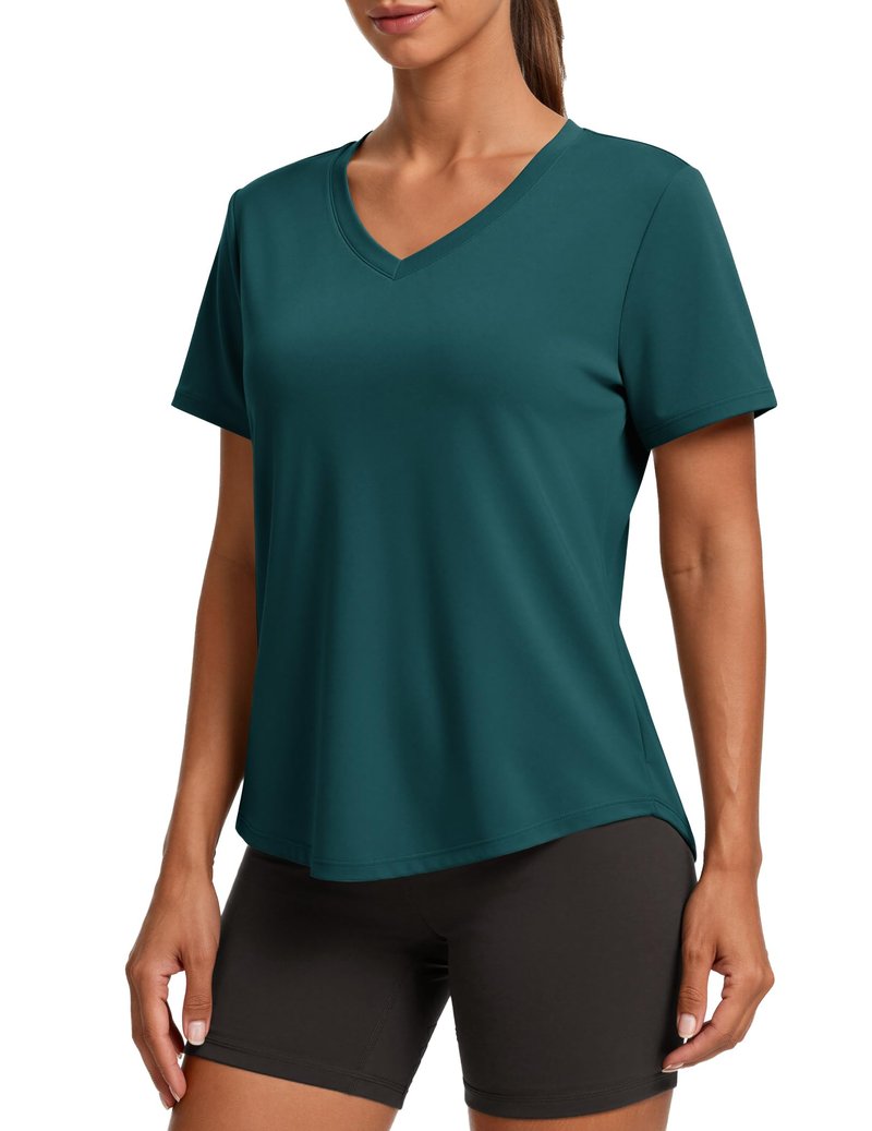 PINSPARK Cooling Shirts for Women Short Sleeve V Neck Moisture Wicking Workout Tops Quick Dry Breathable Athletic Gym T-Shirts,Dark Teal Medium