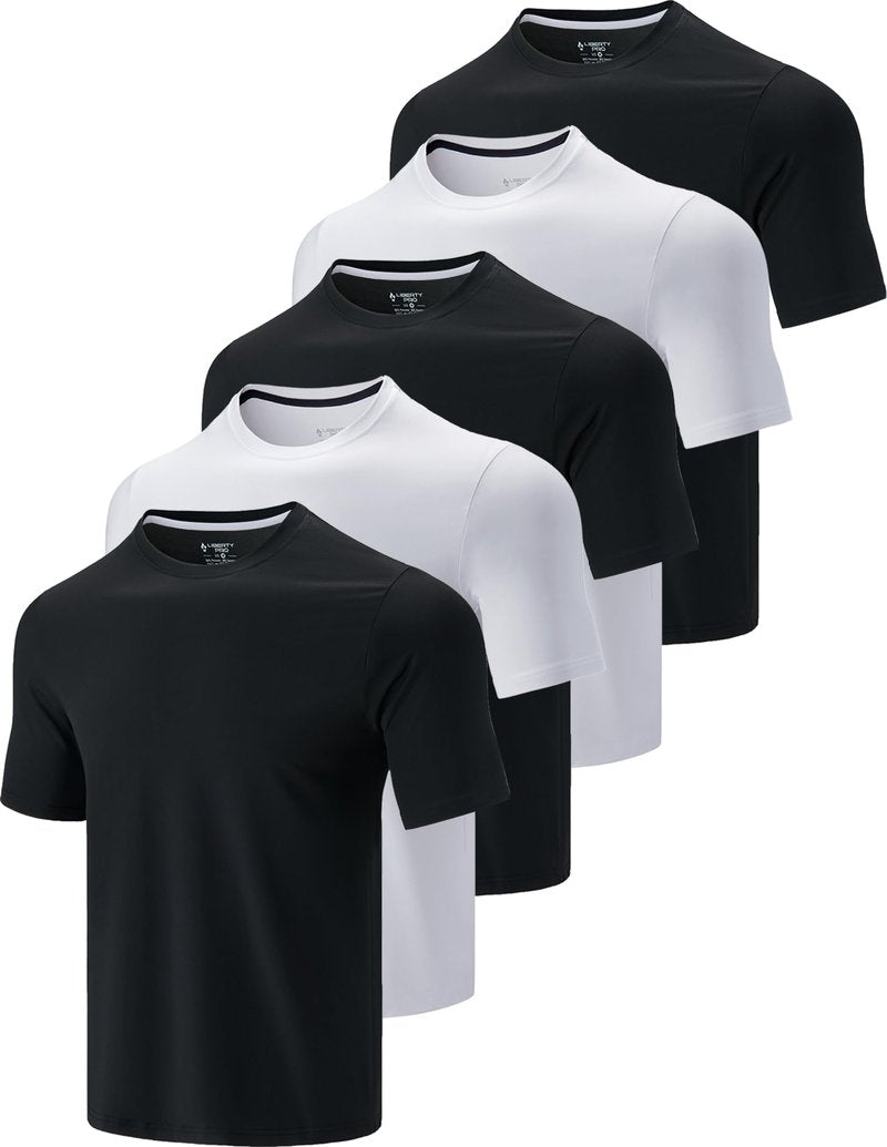 5 Pack Men’s Active Quick Dry Crew Neck T Shirts | Athletic Running Gym Workout Short Sleeve Tee Tops Bulk (Set 15, Large) Black/White