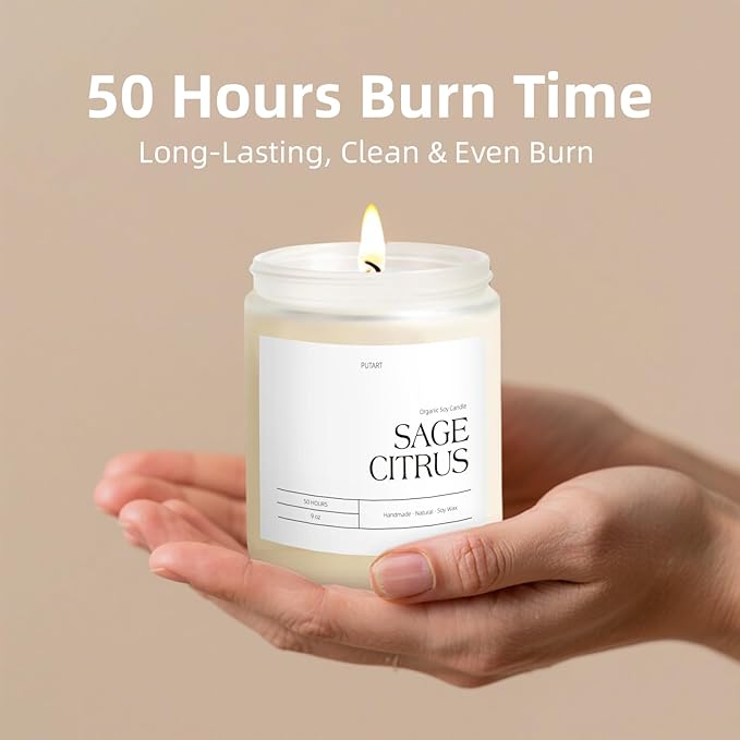 Sage Citrus Candles for Home Scented, 9oz Natural Soy Aromatherapy Non Toxic Candles with Long Lasting Fragrance & Clean Burn, Luxury Jar Candle Gift for Women, Men, Home Decoration, White