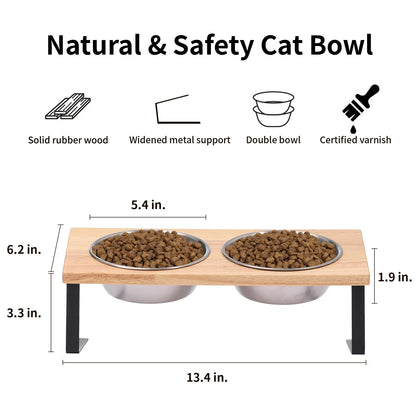 Elevated Cat Bowls, Small Dog 15° Tilted Raised Stainless Steel Bowl Stand, Solid Bamboo Food Water Bowl Set Feeding Station for Pets