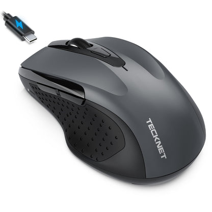 TECKNET Rechargeable Jiggler Wireless Mouse (BT5.0/3.0 & 2.4G) 4800 DPI Silent USB A & Bluetooth Mouse 6 Buttons, Wide Compatibility - Black