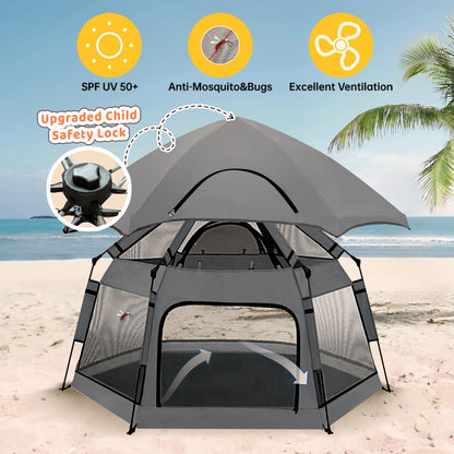 Pop Up Playpen for Babies with Canopy & Safety Lock - Outdoor Baby Playpen with 6 Ground Stakes & 6 Sand Stakes, UV Protection & Carry Bag, Instant Beach Tent for Indoor/Outdoor Use（Grey）