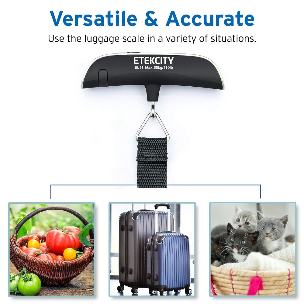 Etekcity EL11 Luggage Scale, Digital Portable Handheld Suitcase Weight for Travel with Rubber Paint, Temperature Sensor, 110 Pounds, Battery Included, Silver